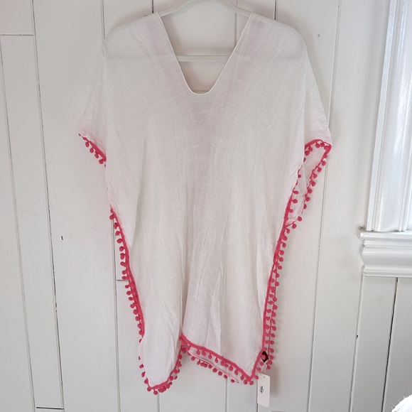 Swim Suit Coverup in White with pink and gold trim and pink Pom-pom Trim - Picture 5 of 8